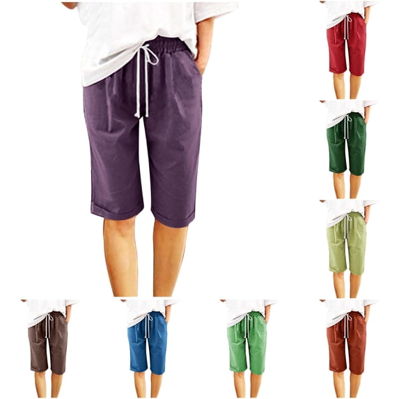 TinyBloomm Long Swim Shorts for Women Women Casual Shorts Comfy Elastic Waist Shorts Mid Rise Slim Fit Short With Pockets, Size M
