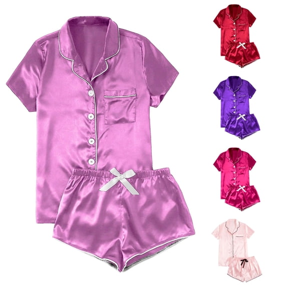 TinyBloomm Pajamas Dress for Women Women's Casual Solid Silk Satin Pajama Set Short Sleeve Button Up Top & Shorts Sleepwear, Size M