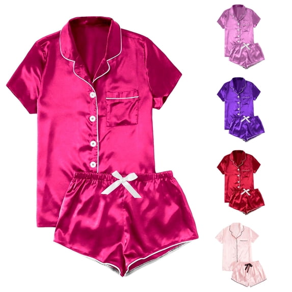 TinyBloomm Pajamas Dress for Women Women's Casual Solid Silk Satin Pajama Set Short Sleeve Button Up Top & Shorts Sleepwear, Size XXXL