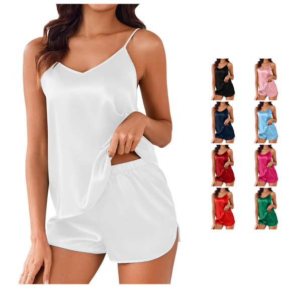 TinyBloomm Pajamas for Women Women's Silk Pajamas Set For Women Satin Camisole Sleepwear V Neck Top And Shorts Pajamas Set, Size XL
