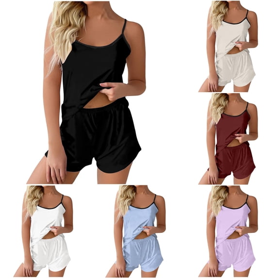 TinyBloomm Pajamas for Women plus Size Women's Casual Solid Color Suspender Vest Shorts Home Pajamas Pajama Pants Set, Size S