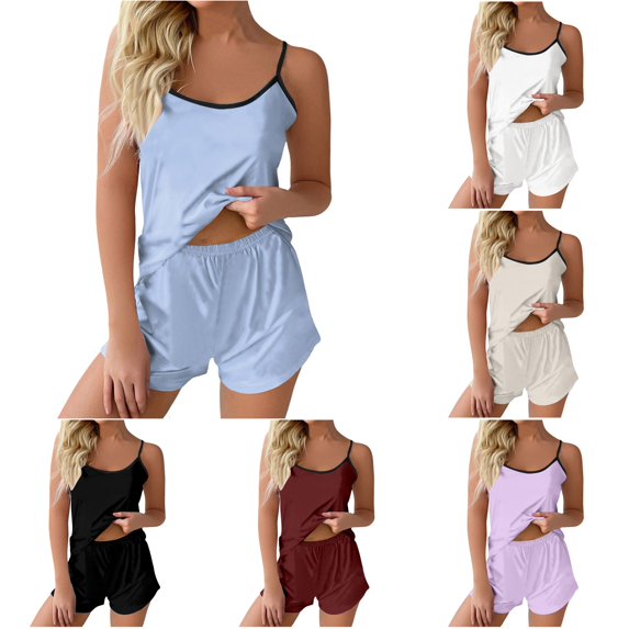 TinyBloomm Pajamas for Women plus Size Women's Casual Solid Color Suspender Vest Shorts Home Pajamas Pajama Pants Set, Size S