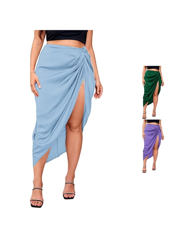 Women Plus Asymmetrical Side Split High Waist Skirt Satin Skirt Yoga Skirt, Size S