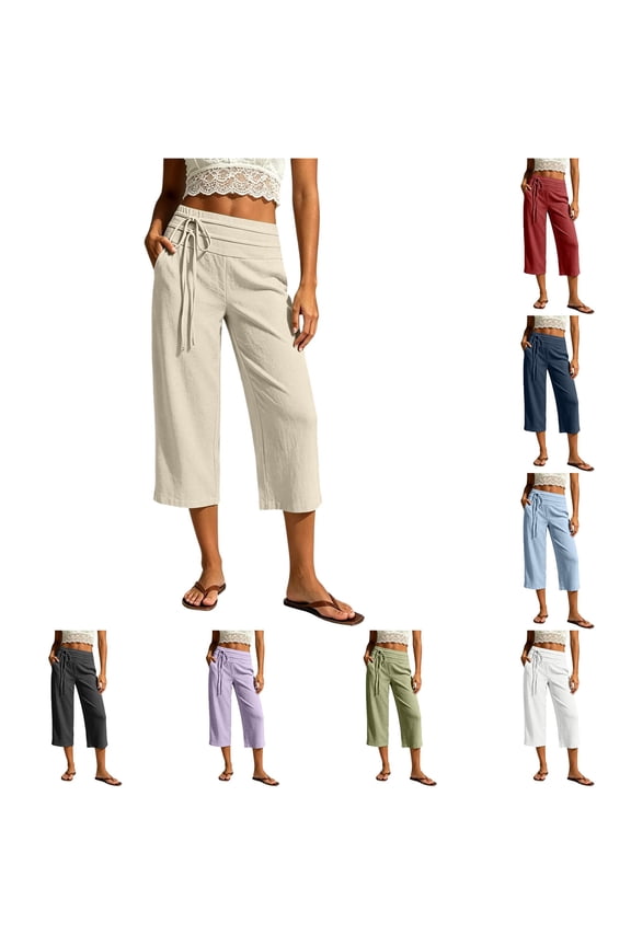 Women's Effortless Casual Wide Leg Cropped Pants For With And Pockets – Soft Solid Knit Everyday Comfort Casual Pants for Women Summer Women Harem Pants