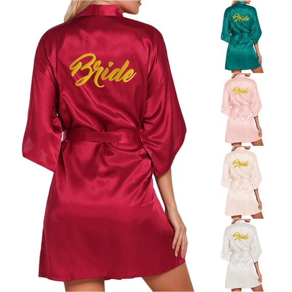 TinyBloomm Womens Towel Bathrobe Short Women's Wedding Party Robe Letters Kimono Satin Pyjamas Bridesmaid Bathrobe, Size L