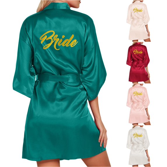 TinyBloomm Womens Towel Bathrobe Short Women's Wedding Party Robe Letters Kimono Satin Pyjamas Bridesmaid Bathrobe, Size S