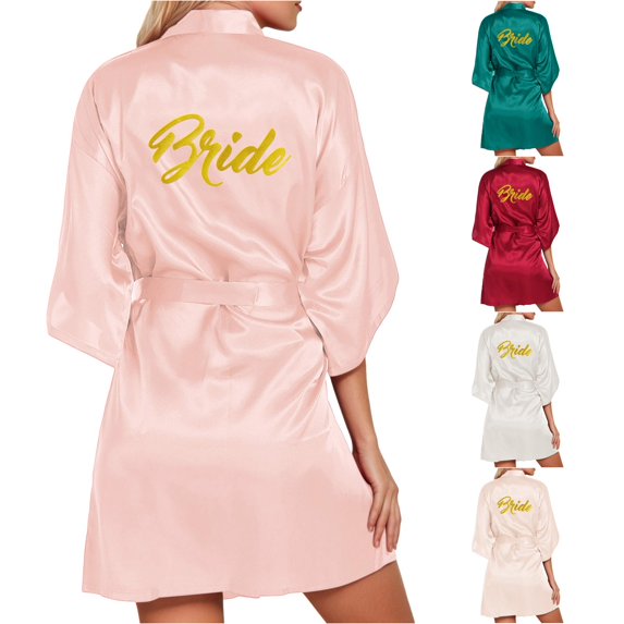 TinyBloomm Womens Towel Bathrobe Short Women's Wedding Party Robe Letters Kimono Satin Pyjamas Bridesmaid Bathrobe, Size S