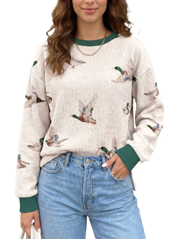 Beige Animal Print Sweatshirt, Long Sleeve Fall Casual Top M