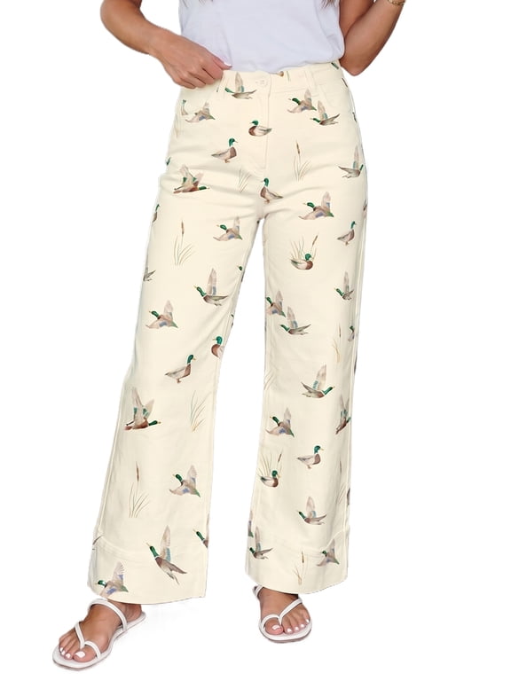 Chic Western Mallard Print Jeans for Women - Beige Casual Cotton Blend Shift Denim 4