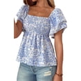 thumbnail image 1 of TinyCribz Sky Blue Floral Smocked Top for Women – Ruffled Short Sleeve Square Neck Summer Peplum Blouse XL, 1 of 9