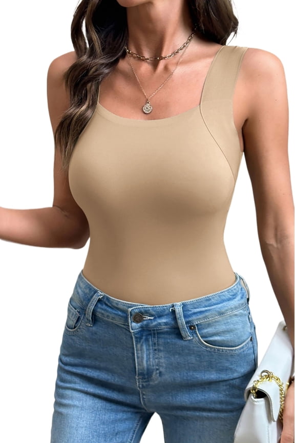 Sleeveless Athleisure Tank Top for Women - Solid Oatmeal Sheath Fit Square Neck Summer Top M