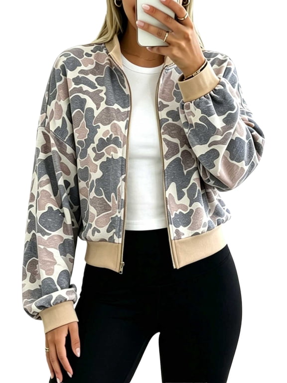 Women's Camo Bomber Sweatshirt, Casual Daily Zip Jacket M