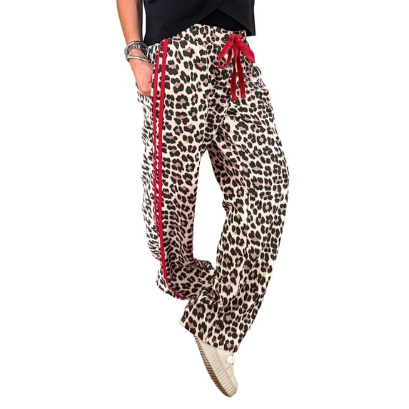 TinyCribz Women's Leopard Lounge Pants with Red Contrast Stripe L