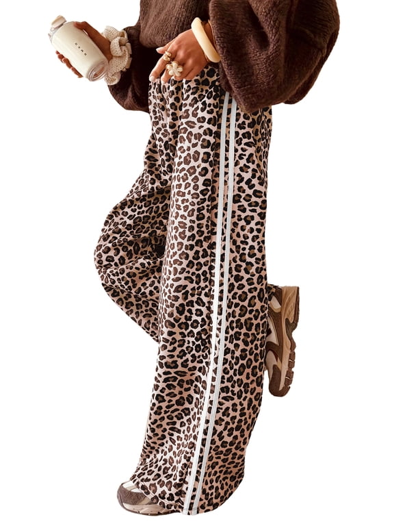 Women's Leopard Print Pants, Casual Wide Leg Striped Trousers S