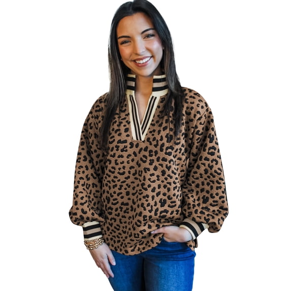 TinyCribz Women's Leopard Print Pullover, Striped Trim V Neck Sweater XL