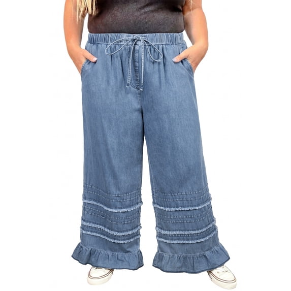 TinyCribz Women's Plus Size Denim Pants – Relaxed Ruffled Wide Leg 4X
