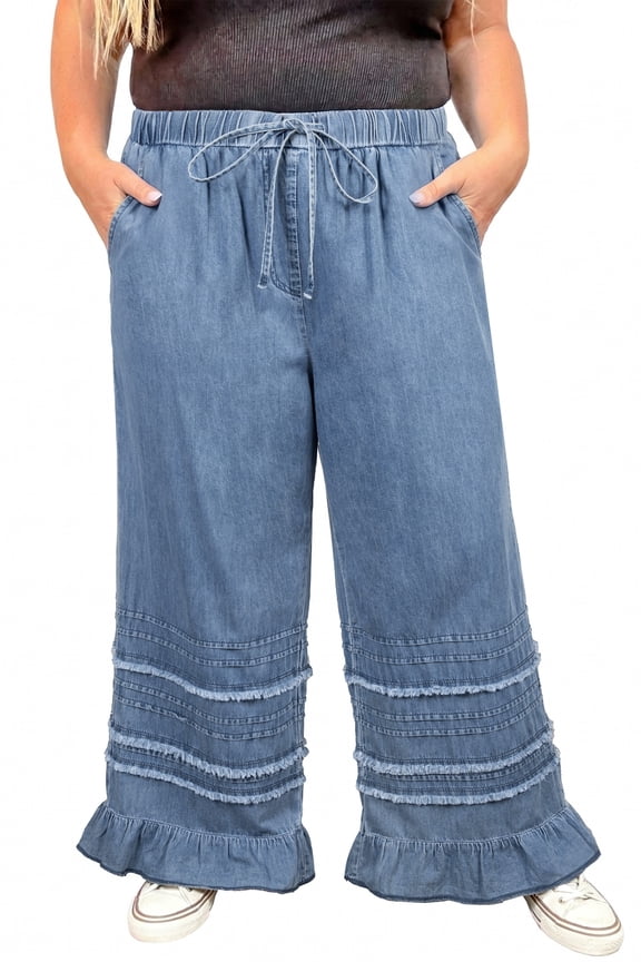 Women's Plus Size Denim Pants – Relaxed Ruffled Wide Leg 4X