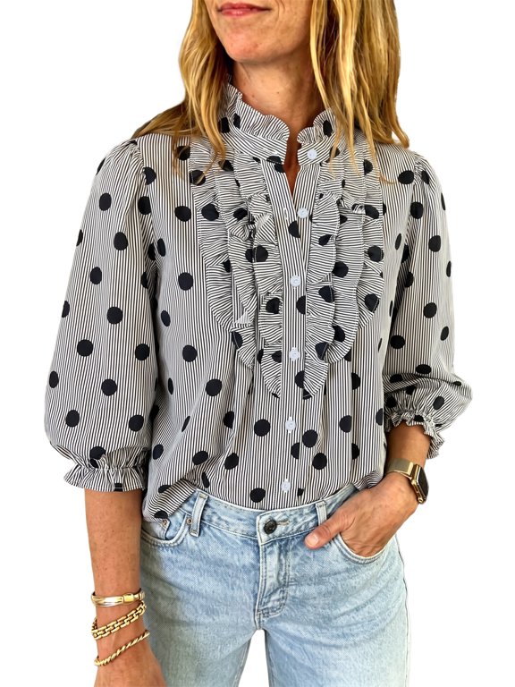 Women's Polka Dot Blouse, Casual Ruffle Stand Neck Shirt XL