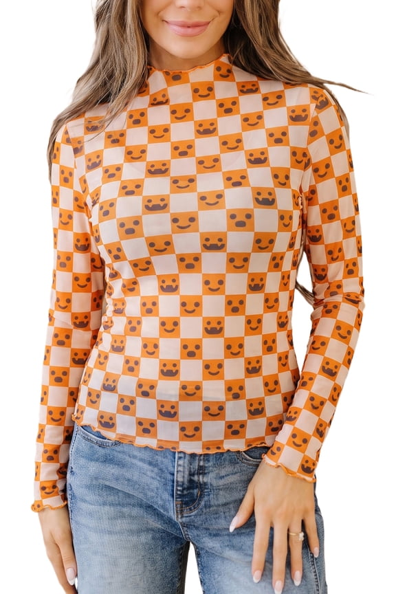 Women's Pumpkin Checkered Blouse, Stand Neck Sheer Fall Top L