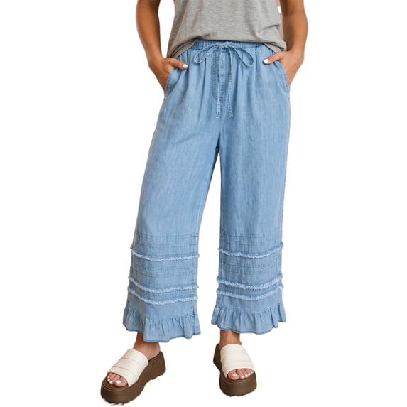 TinyCribz Women's Wide Leg Chambray Pants – High Waist Ruffled Hem 16