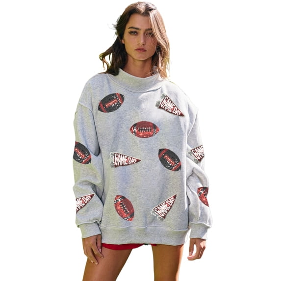TinyCribz Women's Sequin Football Game Day Sweatshirt – Mock Neck Grey XL