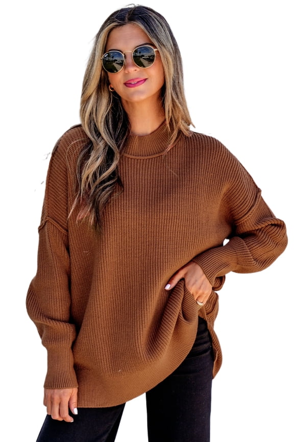 Women's Stand Neck Ribbed Knit Sweater - Side Split Pullover M