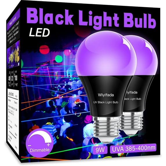 TinyGlam LED Black Light Bulbs 2 Pack, A19 9W UV Black Light Replace Up to 100W, 120V E26 Base Black Lights UVA Level 385-400nm, Glow in The Dark for Body Pain, Blacklights Party, Halloween