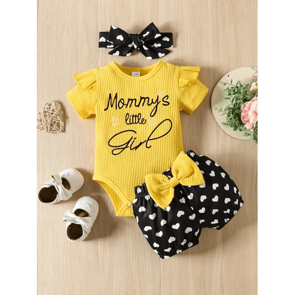 TinyGlam Newborn Baby Boys Girls Mommy's Little Letter Print Short Sleeve Romper One-Pieces Love Heart Shorts Headband Three-Piece Clothes Set