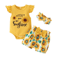 thumbnail image 1 of TinyGlam Newborn Boys Girls Three-piece Clothes Set Infant Baby Sunflower Letter Print Fly Sleeve Romper Striped Printed Shorts Hair Band Clothing Set, 1 of 5