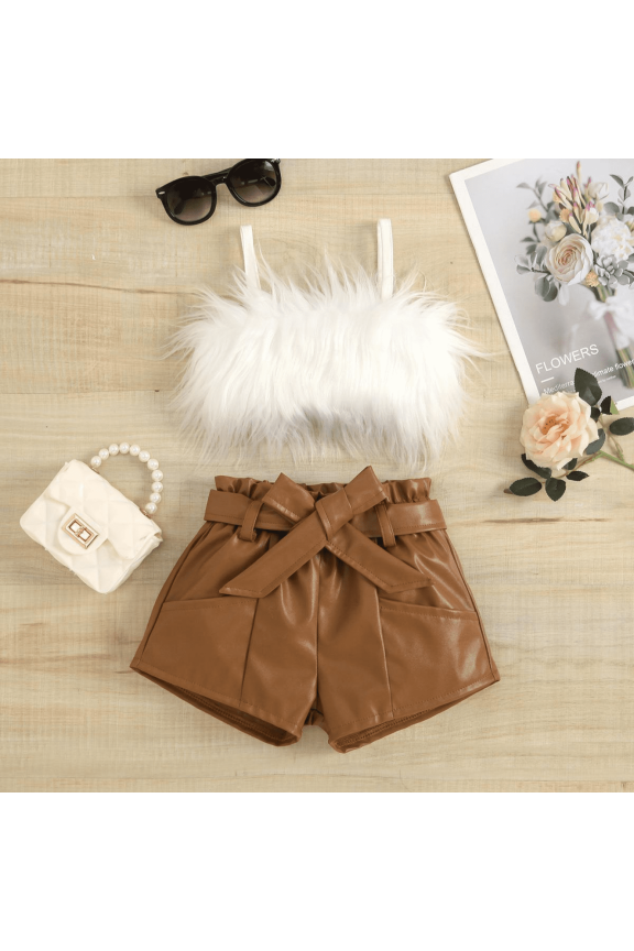 Toddler Girls Cotton Solid Color Sleeveless Plush Sling Tops And Leather Short Pants Adjustable Belt 2Pcs Clothes Set