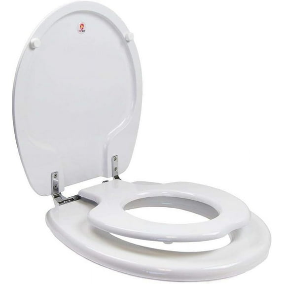 TinyHiney Potty Round Toilet Seat, Adult/Child, w/Chromed Metal Hinges (White)