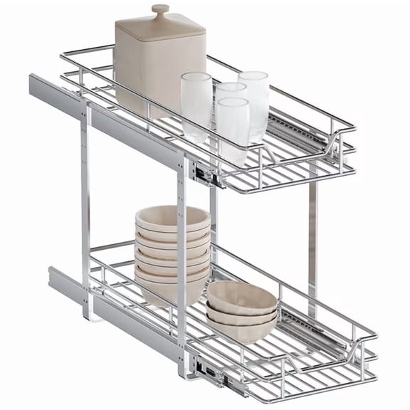 TinyHomie 10.5 in W x 21.5 in D 2 Tier Pull Out Cabinet Organizer, Sliding Storage Shelves for Kitchen Bathroom