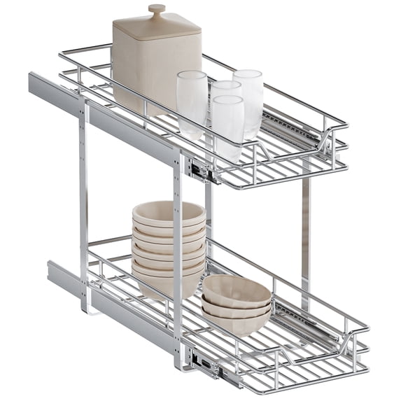 TinyHomie 10.5 in W x 21.5 in D 2 Tier Pull Out Cabinet Organizer, Sliding Storage Shelves for Kitchen Bathroom