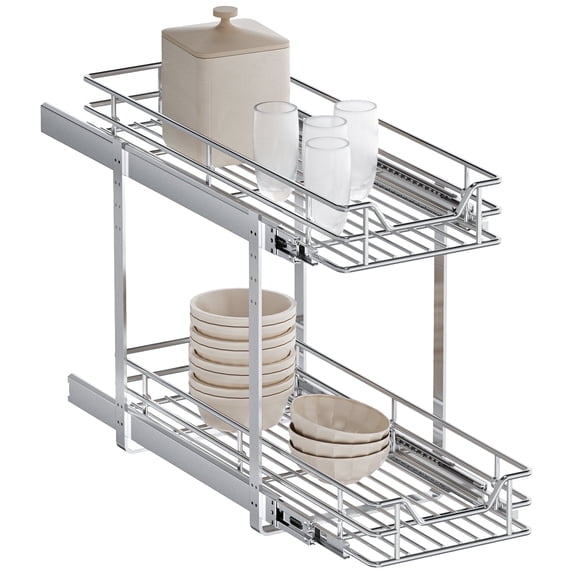 TinyHomie 10.5 in W x 21.5 in D 2 Tier Pull Out Cabinet Organizer, Sliding Storage Shelves for Kitchen Bathroom