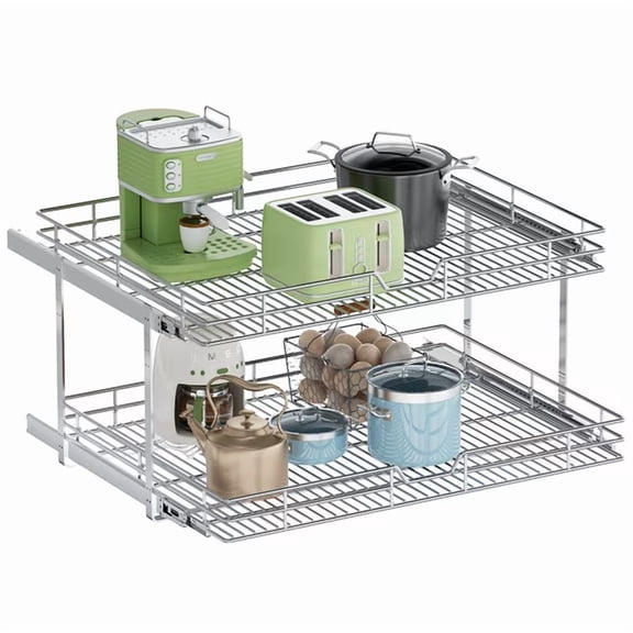 TinyHomie Pull Out Cabinet Organizer, 15.5" W x 21.5" D 2-Tier Slide Out Pantry Shelves 2 Sliding Drawer for Kitchen Base Cabinets