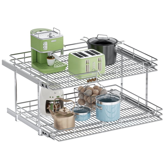 TinyHomie Pull Out Cabinet Organizer, 27 in W x 21.5 in D 2 Tier Heavy Duty Slide Out Wire Basket Drawer for Kitchen Bathroom Chrome