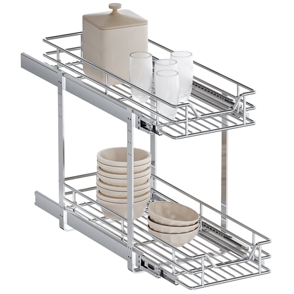 TinyHomie Pull Out Cabinet Organizer 9 in W x 21.5 in D 2 Tier Slide Out Wire Basket Drawer for Kitchen Bathroom