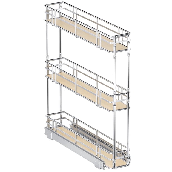 TinyHomie Pull Out Spice Rack Organizer for Cabinet, 3 Tier Slide Out Spice Racks Organizer with Solid Wood Base, 5 in W x 20.5 in D Chrome