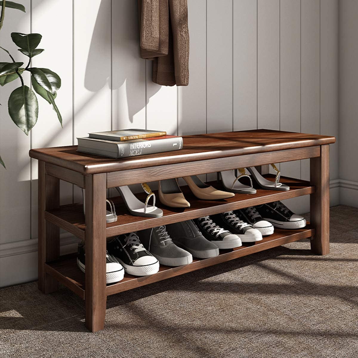 Natural 2-tier Wood Shoe Rack Large Wooden Shoe Bench American Made Storage  Organizer Eco Friendly Wood Entryway Furniture 