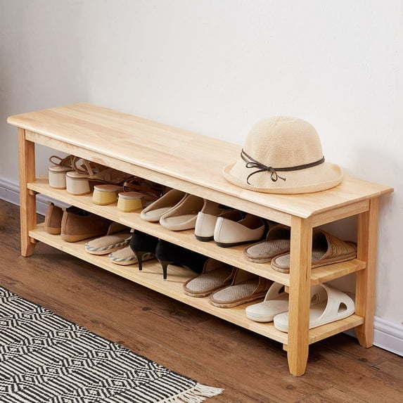 TinyTimes 47.5" Shoe Bench 3-Tier Wood Storage Bench Heavy Duty Wood Shoe Rack Shoe Organizer Shelf for Entryway Room-Natural