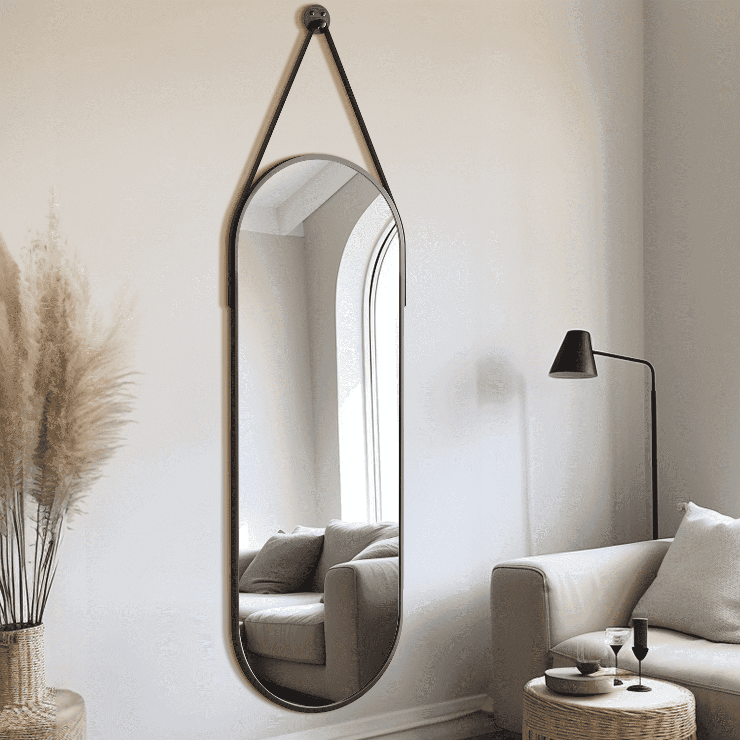 TinyTimes 48''x16'' Oval Wall Mirror with Leather Strap Hanging Full