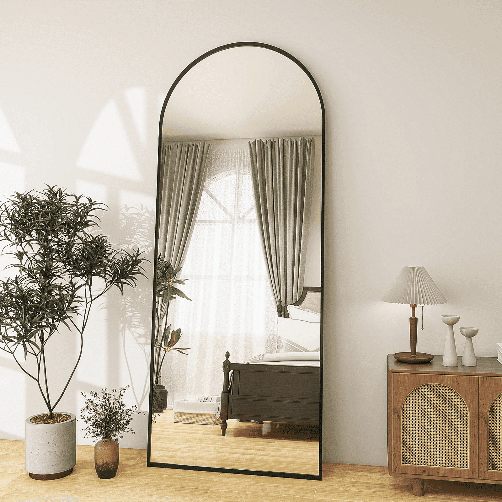 Arched Black Full Length Floor Mirror with Wood Frame