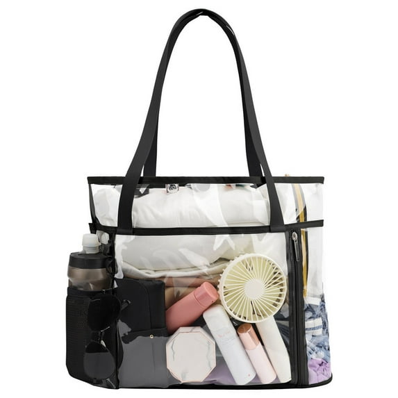 Tinyat Mesh Tote Bag for Women Extra Large Clear Tote Bag Pvc Bag 5-Pockets for Seaside Pool Picnic Black