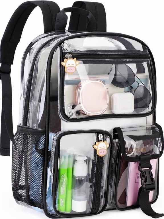 Clear Backpack Heavy Duty Large Waterproof Transparent Stadium Approved School Bookbag 6-Pockets Clear Bag Black