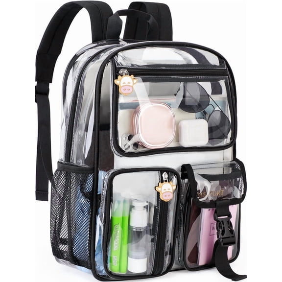 Tinyat Clear Backpack Heavy Duty Large Waterproof Transparent Stadium Approved School Bookbag 6-Pockets Clear Bag Black