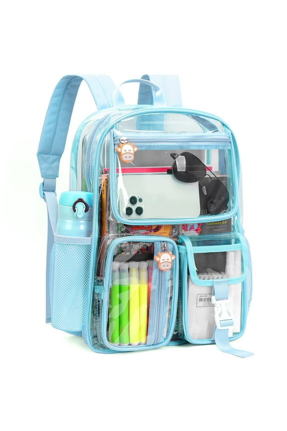 Clear Backpack Heavy Duty Large Waterproof Transparent Stadium Approved School Bookbag 6-Pockets Clear Bag Blue