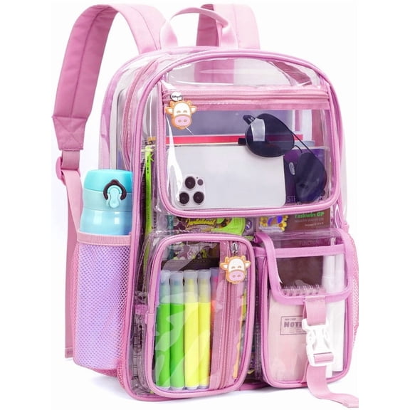 Tinyat Clear Backpack Heavy Duty Large Waterproof Transparent Stadium Approved School Bookbag 6-Pockets Clear Bag Pink