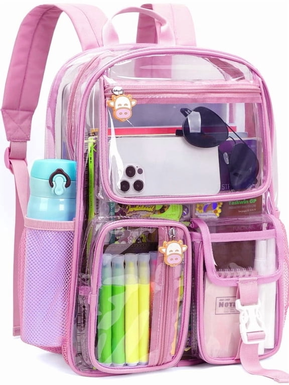 Clear Backpack Heavy Duty Large Waterproof Transparent Stadium Approved School Bookbag 6-Pockets Clear Bag Pink