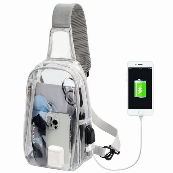 Tinyat Clear Sling Bag With USB Charging PVC Waterproof Crossbody Bag Chest Shoulder Bag for Men Women