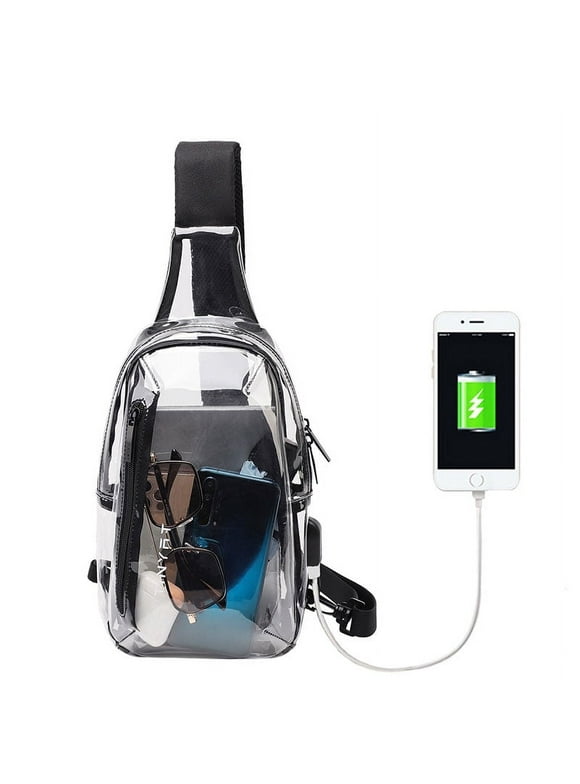 Tinyat Clear Sling Bag with USB Charging PVC Waterproof Crossbody Shoulder Bag for Men Women